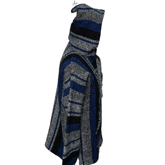 Baja Hoodie Mens Medium Blue Black Striped Drug Rug Tapestry Pullover Hippie - Picture 7 of 8